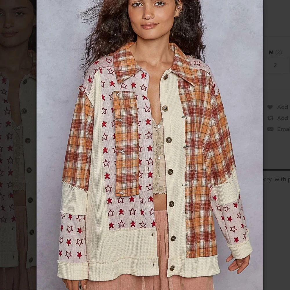 POL Mixed Plaid & Star Patchwork Shacket in Orange, Cream & Red - Picture 3 of 5